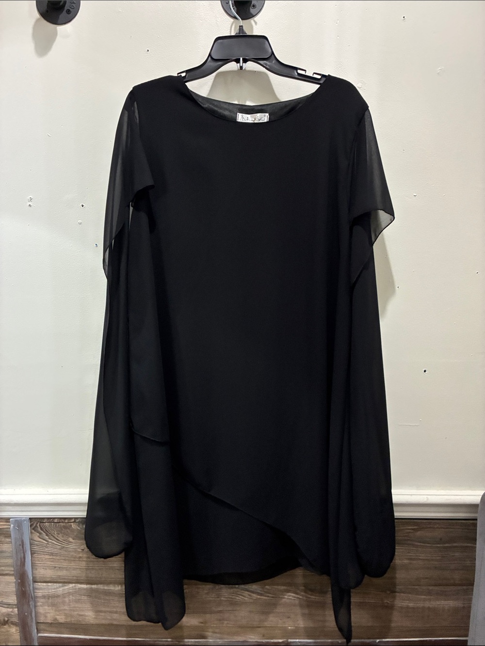Flowing Black Chiffon Midi Dress with Sheer Overlay
